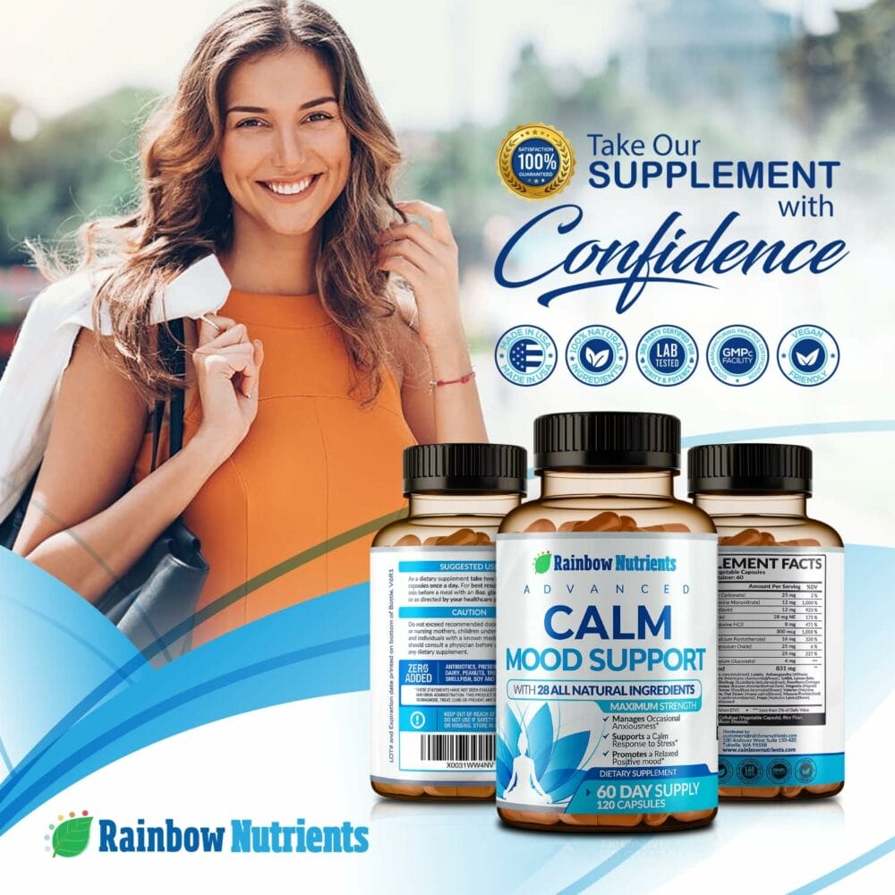 28 in 1 Calm Mood Support Supplement- Natural Happy Pills for Occasional Anxiousness  Stress, Worry Feelings, Relaxation, Mental Clarity | Max Sleep  Mood Support for Women  Men|120 Vegan Capsules
