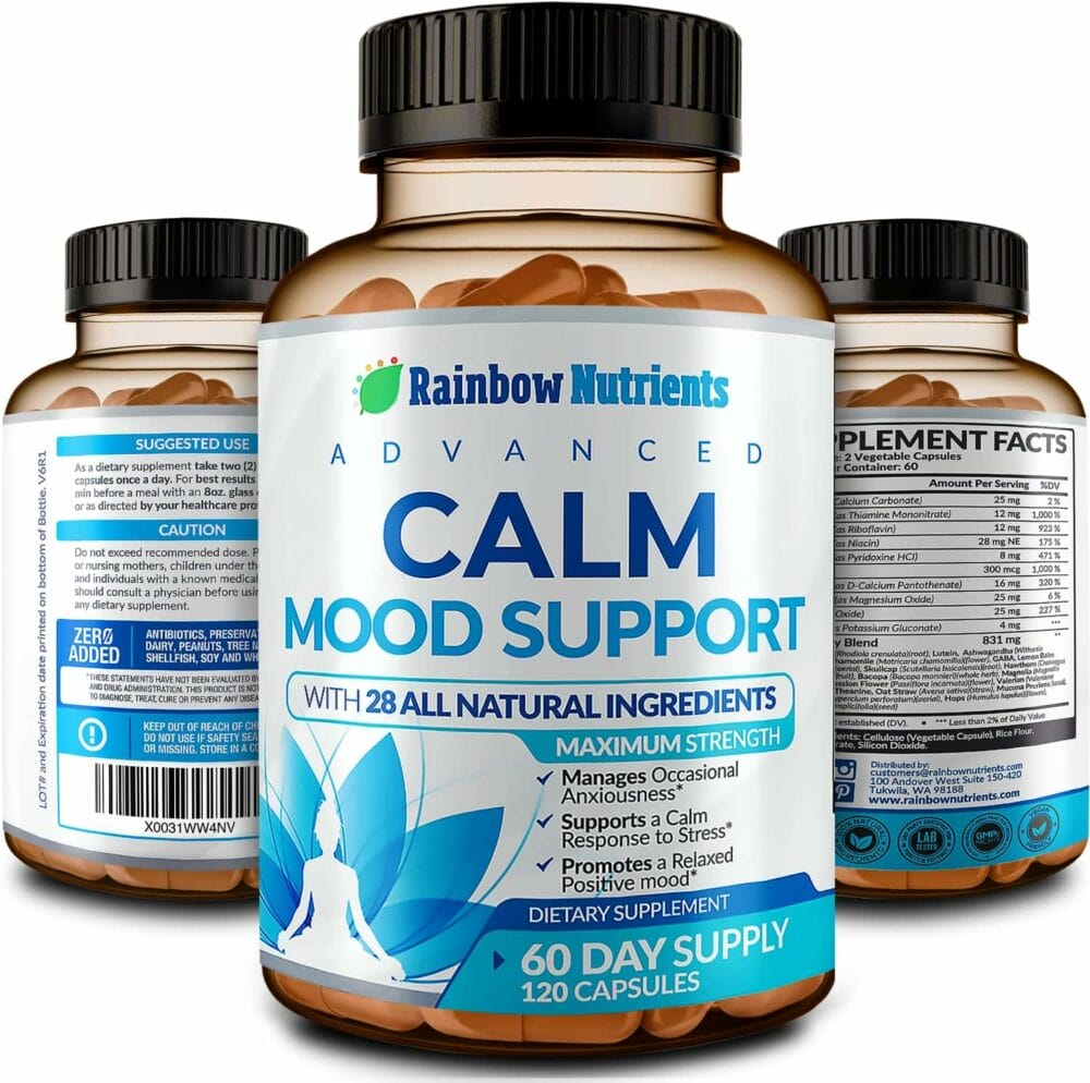 28 in 1 Calm Mood Support Supplement- Natural Happy Pills for Occasional Anxiousness  Stress, Worry Feelings, Relaxation, Mental Clarity | Max Sleep  Mood Support for Women  Men|120 Vegan Capsules