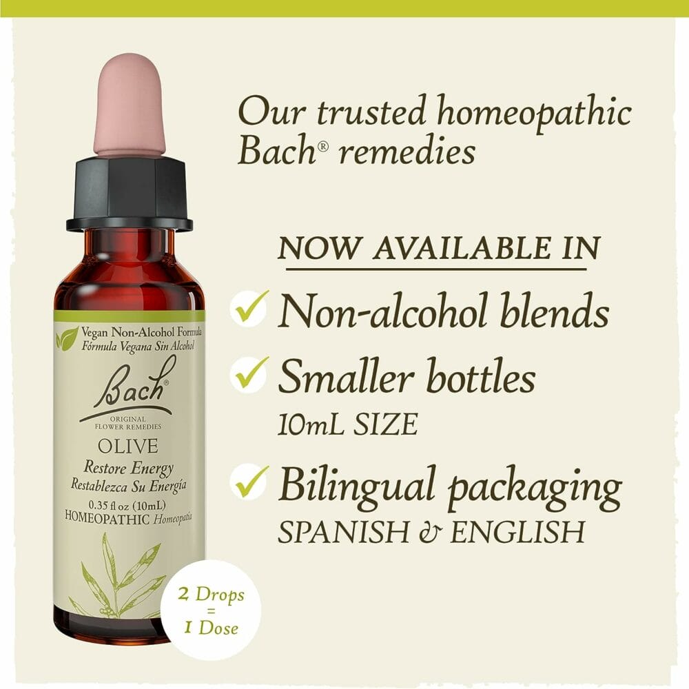 Bach Original Flower Remedies, Olive for Energy (Non-Alcohol Formula), Natural Homeopathic Flower Essence, Holistic Wellness and Stress Relief, Vegan, 10mL Dropper