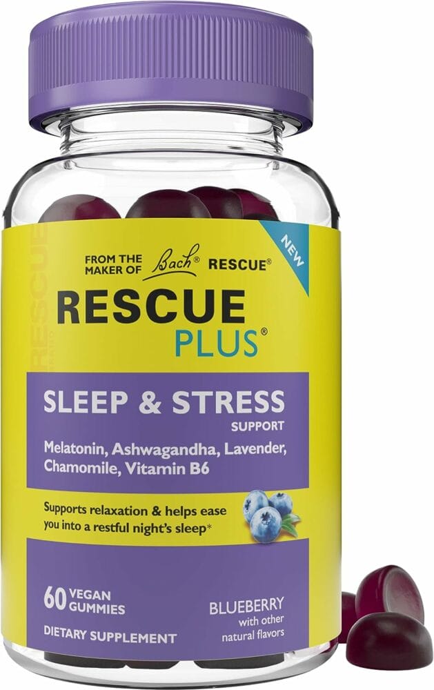 Bach RESCUE PLUS Sleep  Stress Support Gummies, Nighttime Dietary Supplement with 1mg Melatonin, Ashwagandha, Chamomile, Lavender  Vitamin B6, Natural Blueberry Flavor, Vegan  Gluten-Free, 60 Count