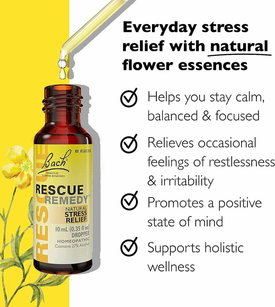 Bach RESCUE REMEDY Dropper 10mL, Natural Stress Relief, Homeopathic Flower Essence, Vegan, Gluten  Sugar-Free, Non-Habit Forming