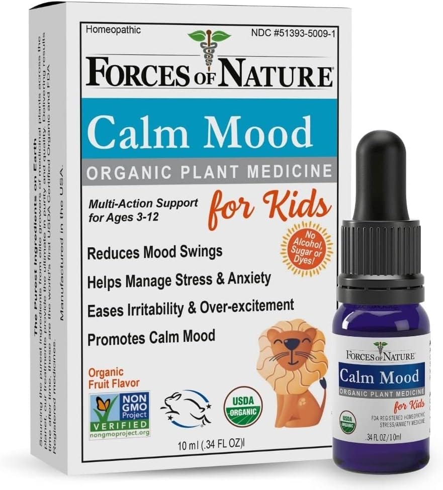 Forces of Nature – Kids Calm Mood Certified Organic (10ml), Non-GMO, Naturally Ease Mood Swings, Irritability, Anxiety, Stress and Worry Formula for Children. Homeopathic, Alcohol, Sugar  Dye Free
