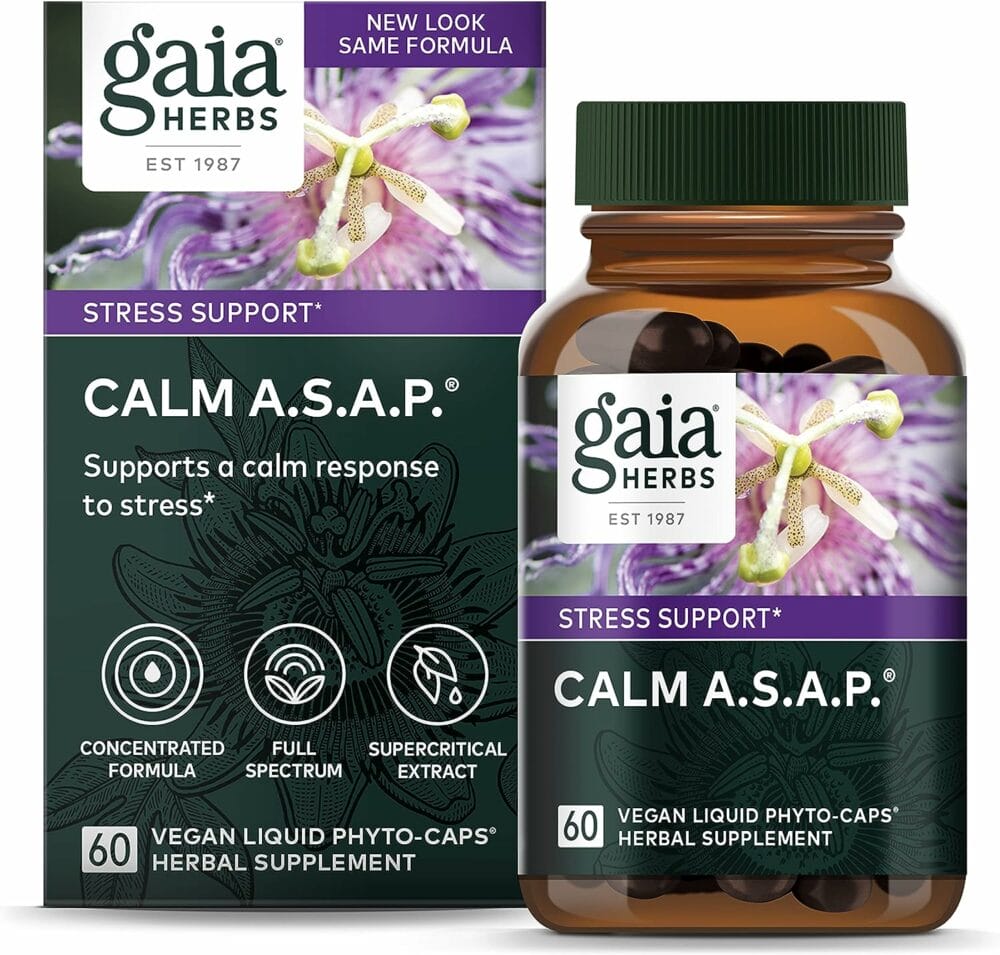 Gaia Herbs Calm A.S.A.P. Stress Support Supplement - with Skullcap, Passionflower, Chamomile, Vervain, Holy Basil  More to Support a Natural Calm - 60 Vegan Liquid Phyto-Capsules (20-Day Supply)