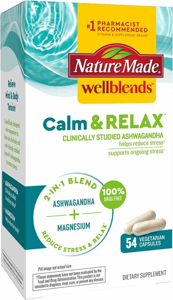 Nature Made Wellblends Calm  Relax, Ashwagandha 125 mg, Magnesium 300 mg, 54 Vegetarian Capsules