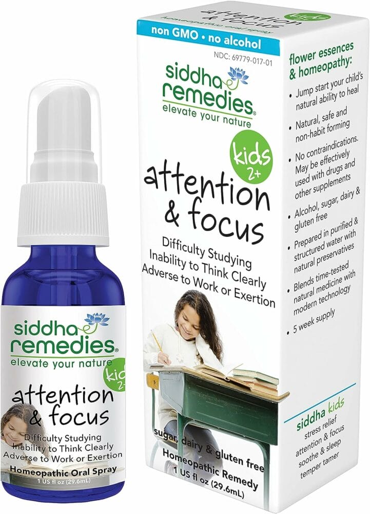 Siddha Remedies Attention  Focus for Kids Focus Homeopathic Oral Spray for Children, Treats Difficulty Studying, Concentration, Restlessness 100% Natural Non GMO Free of Gluten Alcohol Sugar Dairy