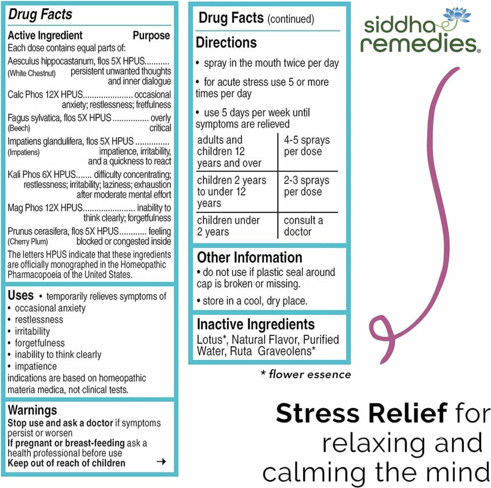 Siddha Remedies Stress Relief Homeopathic Oral Spray for Worry, Irritability  Restlessness | 100% Natural Homeopathic Medicine Remedy with Flower Essences for Relaxing  Calming The Mind