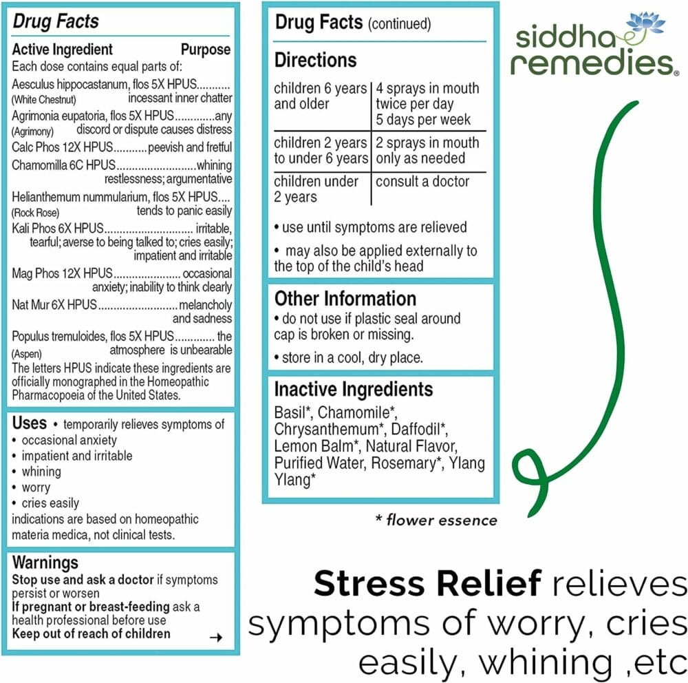Siddha Remedies Stress Relief Spray for Children for Impatient, Irritable, Whining, | 100% Natural Homeopathic Remedy with Cell Salts and Flower Essences Worry