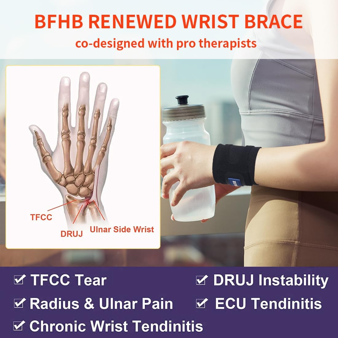 BFHB Wrist Brace for TFCC Tears - Adjustable, Dual protection, Fit Both Right  Left Hand, Support for Fitness, Weightlifting, Tendonitis, Carpal Tunnel Arthritis, Pain Relief- (Black)