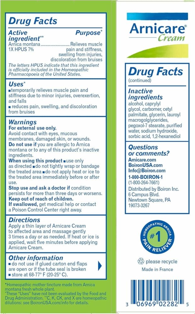 Boiron Arnicare Cream for Soothing Relief for Joint Pain, Muscle Pain, Muscle Soreness, and Swelling from Bruises or Injury - Fast Absorbing and Fragrance-Free - 4.2 oz