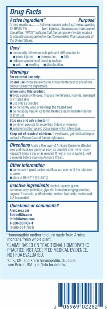 Boiron Arnicare Cream for Soothing Relief for Joint Pain, Muscle Pain, Muscle Soreness, and Swelling from Bruises or Injury - Fast Absorbing and Fragrance-Free - 4.2 oz