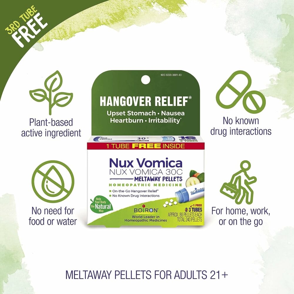 Boiron Nux Vomica 30C Homeopathic Medicine for Hangover Relief, Upset Stomach, Nausea, and Overindulgence of Food or Drink - 3 Count (240 Pellets)