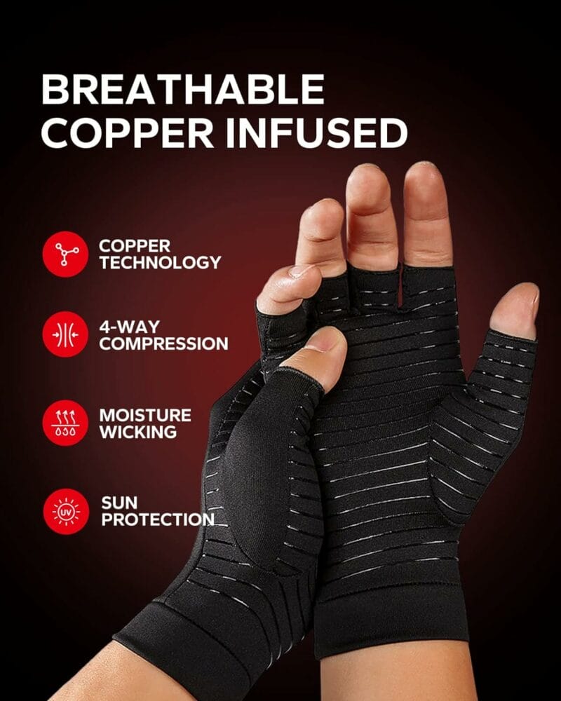 BraceBull Arthritis Gloves (1 Pair), Copper Infused Compression Gloves for Relieve Muscle Pain, Carpal Tunnel, RSI, Rheumatoid, Tendonitis, Fingerless Gloves for Hands Pain for Women  Men (M, Black)