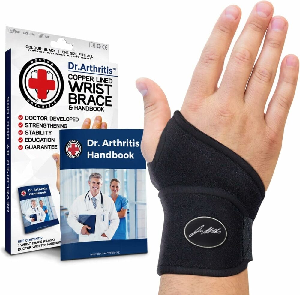 Dr. Arthritis Doctor Developed Copper Wrist Brace/Wrap for Carpal Tunnel Support, Wrist Splint Brace -F.D.A. Medical Device  Doctor Handbook-Night Support for Women Men-Right  Left hands (Single)