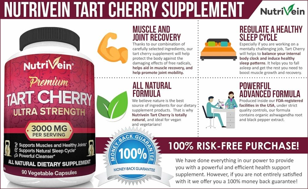 Nutrivein Tart Cherry Capsules 3000mg - 90 Vegan Pills - for Pain Relief,Pain,Muscle Recovery, Flavonoids - Uric Acid Cleanse, Juice Extract Supplement