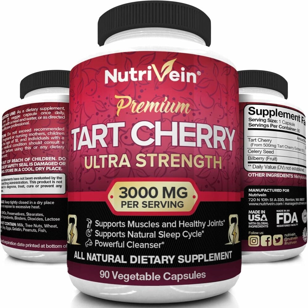 Nutrivein Tart Cherry Capsules 3000mg - 90 Vegan Pills - for Pain Relief,Pain,Muscle Recovery, Flavonoids - Uric Acid Cleanse, Juice Extract Supplement