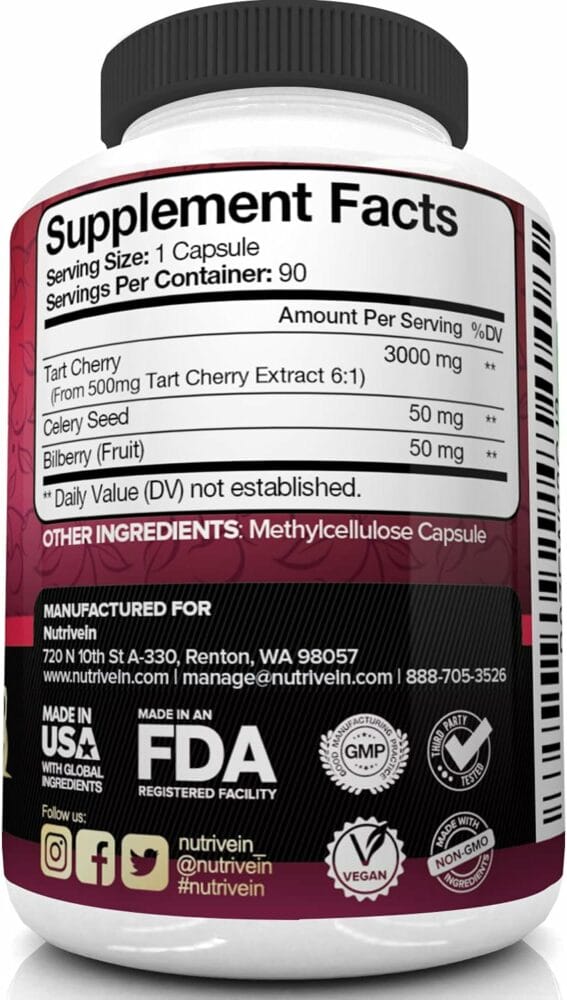 Nutrivein Tart Cherry Capsules 3000mg - 90 Vegan Pills - for Pain Relief,Pain,Muscle Recovery, Flavonoids - Uric Acid Cleanse, Juice Extract Supplement