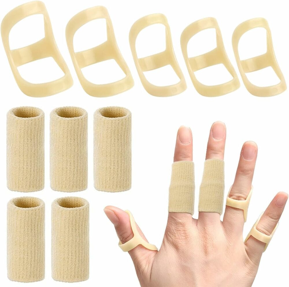 SAREAL 10Pcs Oval Finger Splints  Sleeves Kit, 5Pcs Graduated Oval Trigger Finger Splints and 5Pcs Finger Sleeves for Trigger, Mallet, Arthritis, and Straightening -Fits All Fingers,Size 6,7,8,9,10