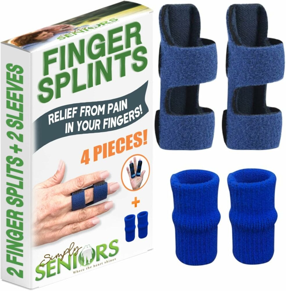 Simply Seniors Finger Splints for Trigger Finger - 4 Pieces - Set of 2 Finger Splints + 2 Finger Sleeves - Relief From Pain  Arthritis In Your Fingers -Finger Brace