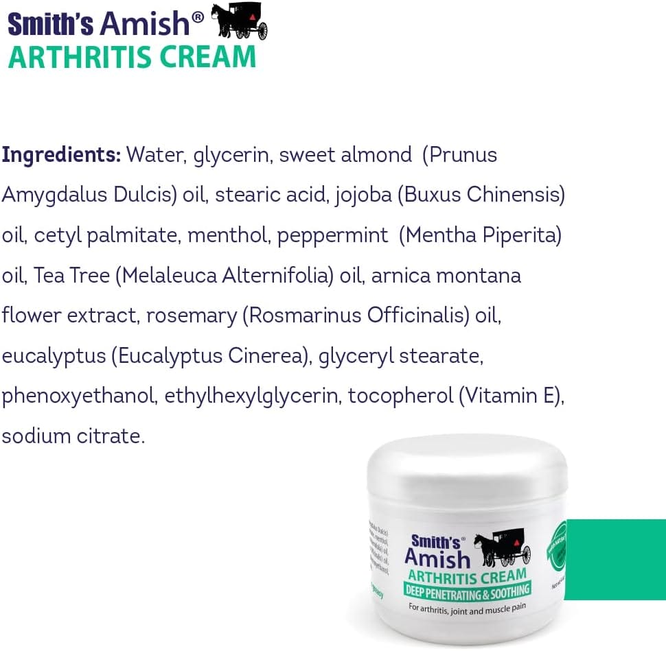 SMITHS AMISH Arthritis Cream 4 oz jar. Soothing and Cooling, with Botanicals of Arnica, Peppermint, Tea Tree, Rosemary and Eucalyptus