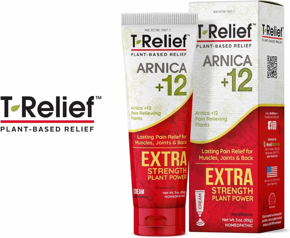 T-Relief Extra Strength Cream Arnica +12 Natural Relieving Actives for Back Pain Joint Soreness Muscle Aches  Stiffness, Whole Body Fast Acting Relief for Women  Men - 3 oz