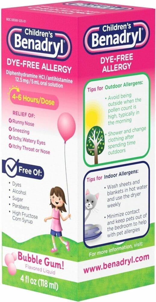 Childrens Benadryl Dye-Free Allergy Liquid, 4 FL OZ (118 mL) Per Bottle Childrens Benadryl Dye-Free Allergy Liquid, 4 FL OZ (118 mL) Per Bottle
