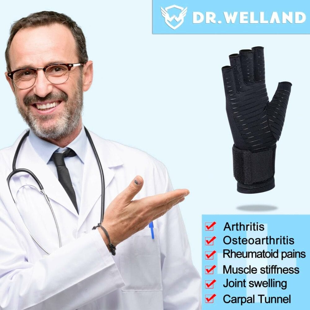 Dr.Welland Medical Arthritis Gloves with Strap, Best Open Finger Glove Hand Wrist Support for Rheumatoid Arthritis, Carpal Tunnel, RSI, Tendonitis, Daily Healing, Hand Pain Relief – Men/Women