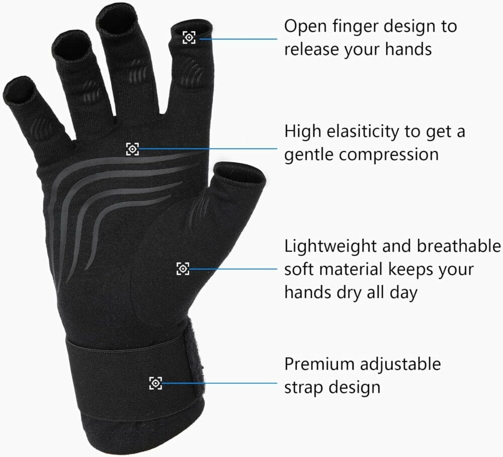 Duerer Arthritis Compression Gloves with Straps, Women Men for RSI, Carpal Tunnel, Rheumatoid, Tendonitis, Hand Pain, Hand Support. Fingerless Gloves for Computer Typing and Daily work (Black, L)