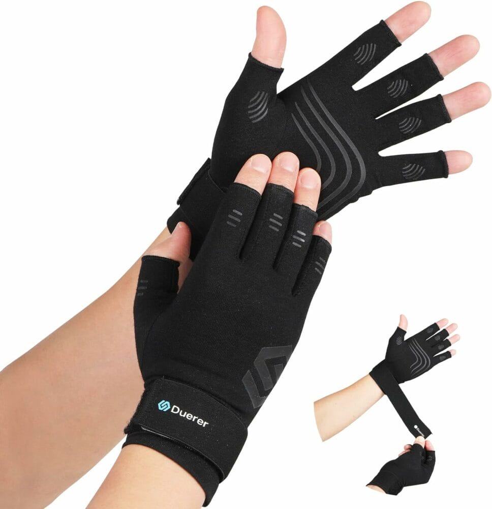 Duerer Arthritis Compression Gloves with Straps, Women Men for RSI, Carpal Tunnel, Rheumatoid, Tendonitis, Hand Pain, Hand Support. Fingerless Gloves for Computer Typing and Daily work (Black, L)