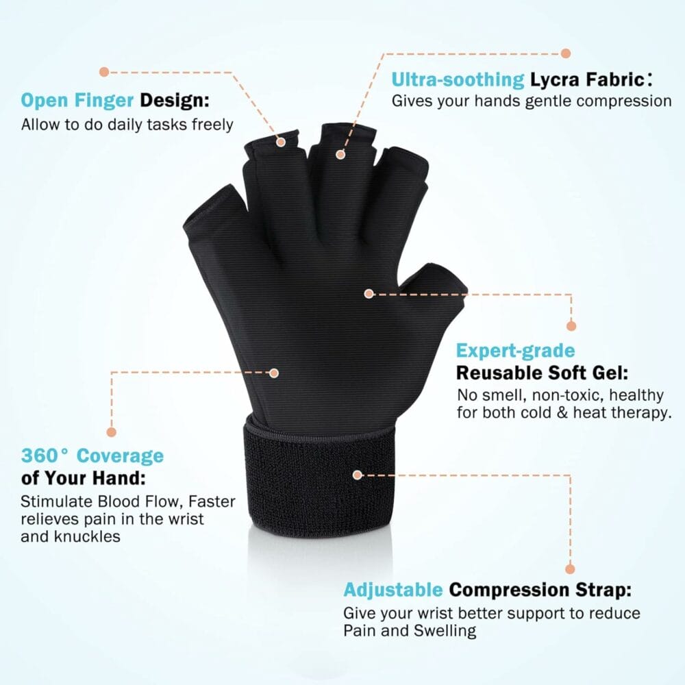 Tolaccea Finger Arthritis Compression Ice Glove for Pain Relief, Adjustable Wrist Strap Hand Wrist Ice Pack for Hot  Cold Therapy, Reusable Gel Cold Pack for Tendinitis, Carpal Tunnel