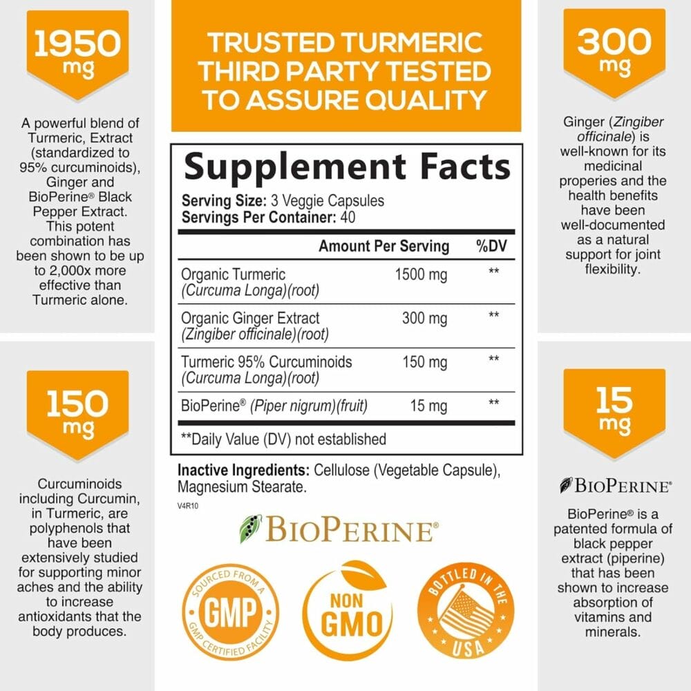 Turmeric Curcumin with BioPerine  Ginger 95% Standardized Curcuminoids 1950mg - Black Pepper for Max Absorption, Natural Joint Support, Natures Tumeric Extract Supplement Non-GMO - 60 Capsules