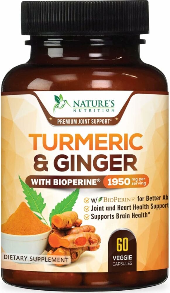 Turmeric Curcumin with BioPerine  Ginger 95% Standardized Curcuminoids 1950mg - Black Pepper for Max Absorption, Natural Joint Support, Natures Tumeric Extract Supplement Non-GMO - 60 Capsules