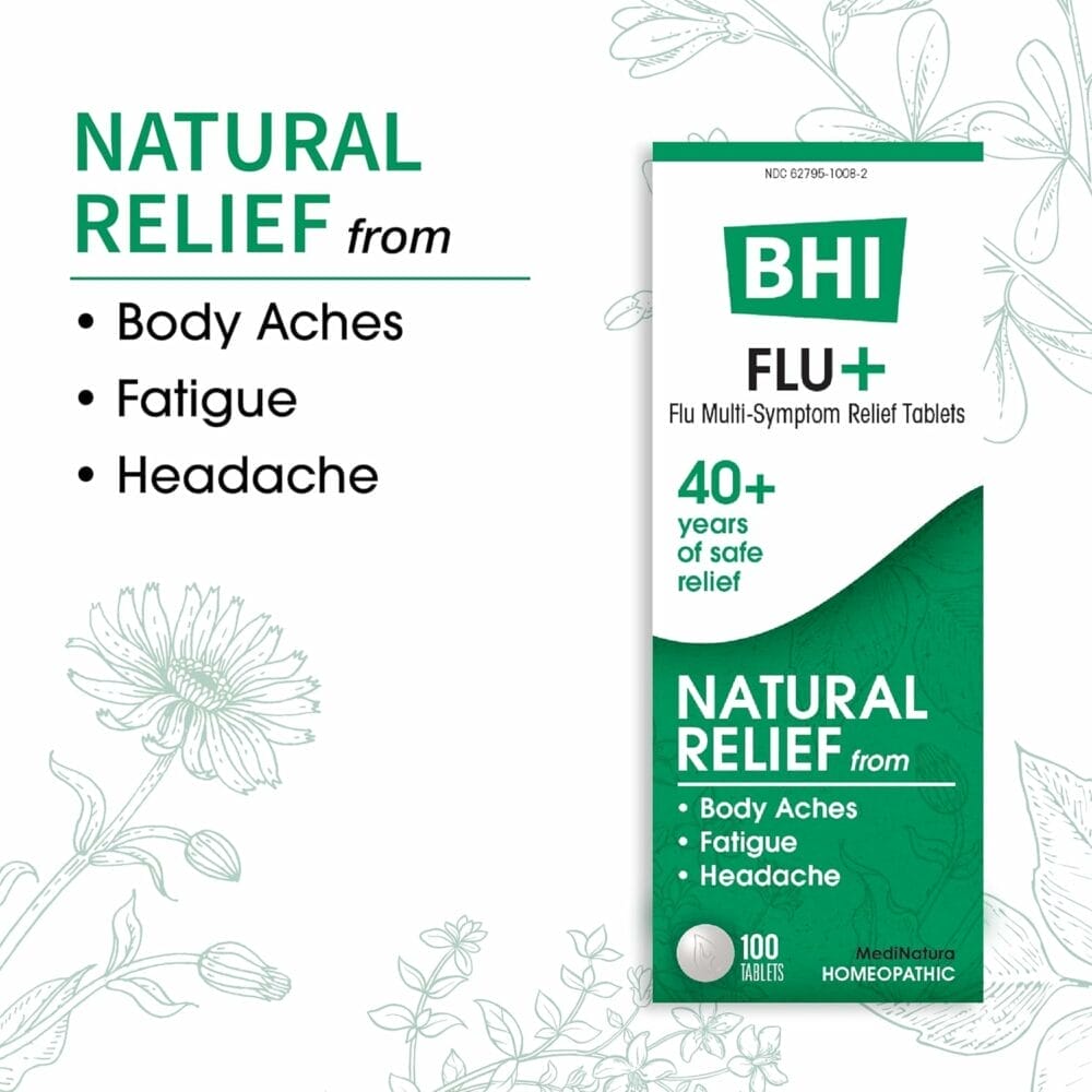 BHI Flu + Cold Multi-Symptom Relief Natural Safe Non-Drowsy Remedy 11 Targeted Homeopathic Active Ingredients for Body Aches, Fatigue, Chills  Headache - 100 Tablets