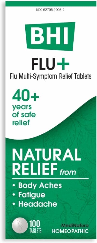 BHI Flu + Cold Multi-Symptom Relief Natural Safe Non-Drowsy Remedy 11 Targeted Homeopathic Active Ingredients for Body Aches, Fatigue, Chills  Headache - 100 Tablets