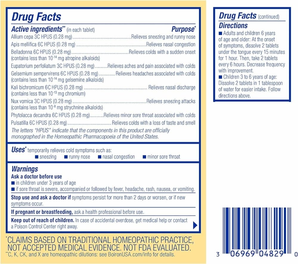 Boiron ColdCalm Tablets for Relief of Common Cold Symptoms Such as Sneezing, Runny Nose, Sore Throat, and Nasal Congestion - Non-Drowsy - 60 Count