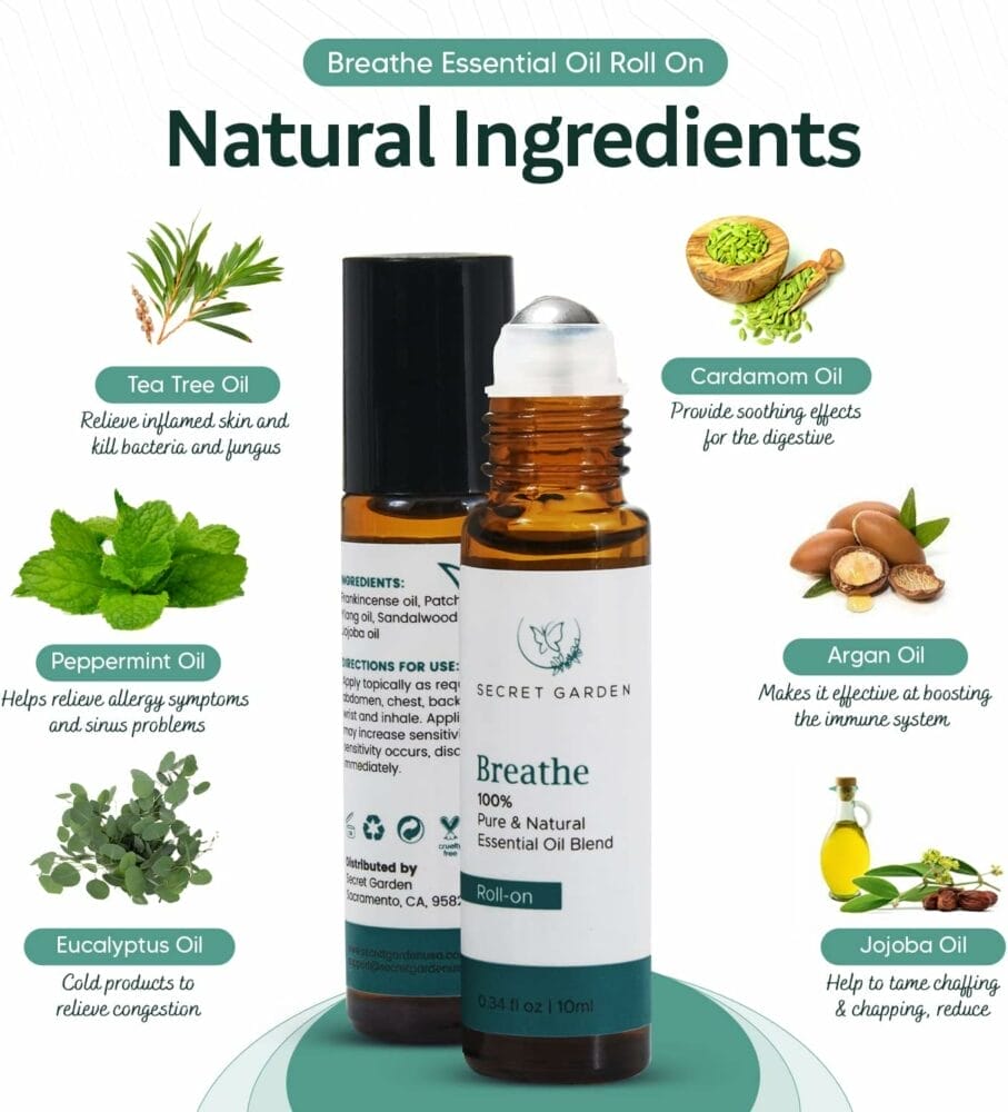 Breathe Essential Oil Roll On (10ml) – Peppermint Essential Oil Blends for Aromatherapy, Massage, Skincare, Breath – Aromatherapy Oils Roller Bottles – Premium Roll On Essential Oils by Secret Garden Breathe Essential Oil Roll On (10ml) – Peppermint Essential Oil Blends for Aromatherapy, Massage, Skincare, Breath – Aromatherapy Oils Roller Bottles – Premium Roll On Essential Oils by Secret Garden
