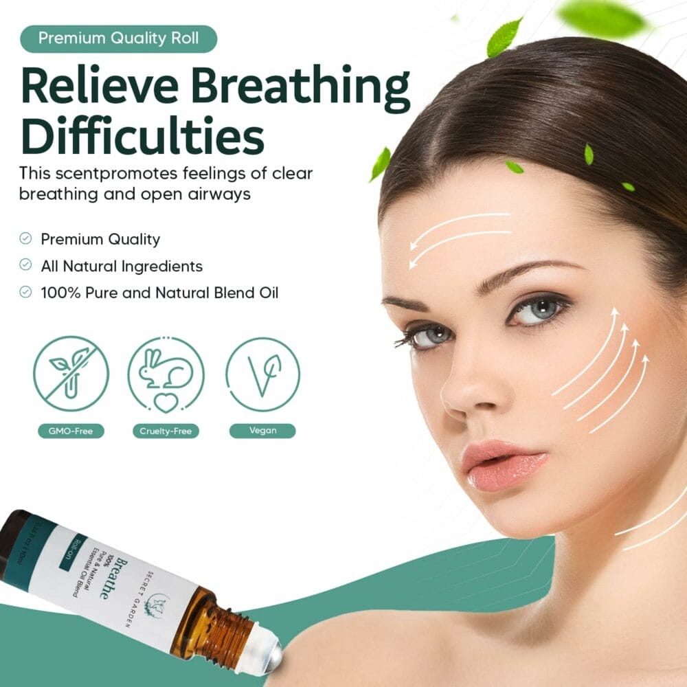 Breathe Essential Oil Roll On (10ml) – Peppermint Essential Oil Blends for Aromatherapy, Massage, Skincare, Breath – Aromatherapy Oils Roller Bottles – Premium Roll On Essential Oils by Secret Garden