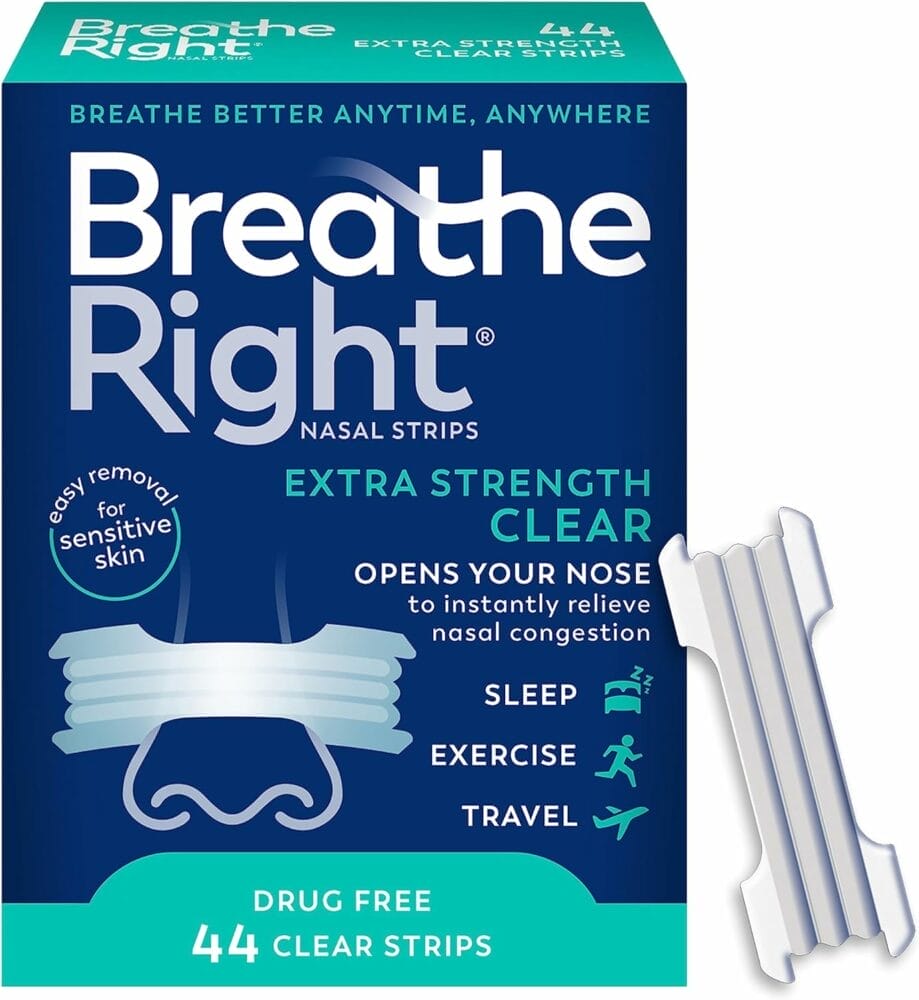 Breathe Right Nasal Strips | Extra Strength | Clear | For Sensitive Skin I Drug-Free Snoring Solution  Nasal Congestion Relief Caused by Colds  Allergies | 44 Count (Packaging May Vary)