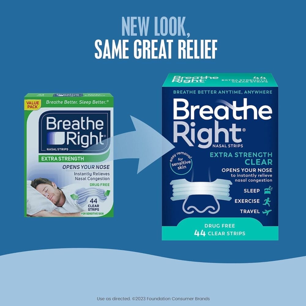 Breathe Right Nasal Strips | Extra Strength | Clear | For Sensitive Skin I Drug-Free Snoring Solution  Nasal Congestion Relief Caused by Colds  Allergies | 44 Count (Packaging May Vary)