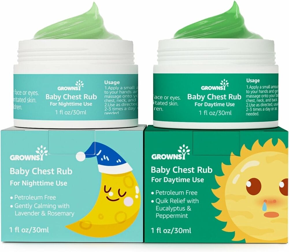GROWNSY Baby Chest Rub, Daytime Nighttime 2 Pack Natural Rub, for Relieves Congestion and Soothing Breathing, Petroleum Free, Made from Eucalyptus Oil, Peppermint Oil, Lavender Rosemary GROWNSY Baby Chest Rub, Daytime Nighttime 2 Pack Natural Rub, for Relieves Congestion and Soothing Breathing, Petroleum Free, Made from Eucalyptus Oil, Peppermint Oil, Lavender Rosemary