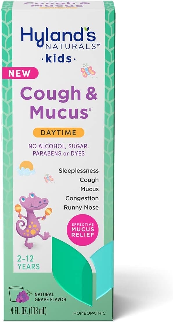 Hylands Naturals Kids Cough  Mucus Daytime, Kids Cough Medicine for ages 2-12, Grape Flavor, Natural Relief of Cough, Runny Nose, Mucus  Congestion, 4 Ounces