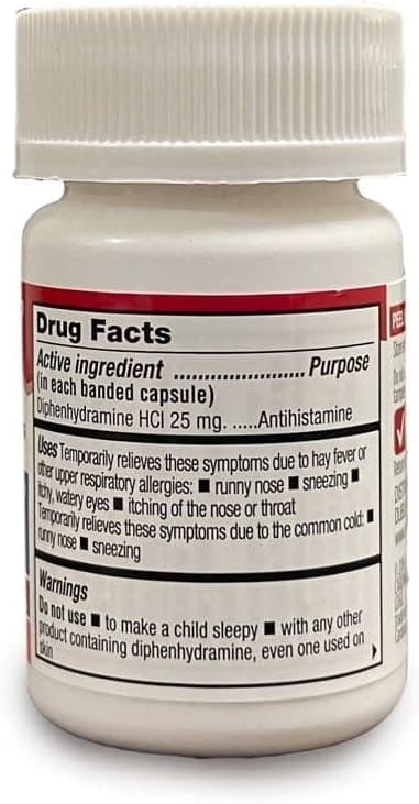 Leader Allergy Relief Antihistamine Diphenhydramine HCI 25 mg, Relieves, Symptoms Due to Hay Fever and Upper Respiratory Allergies, 100 Capsules Leader Allergy Relief Antihistamine Diphenhydramine HCI 25 mg, Relieves, Symptoms Due to Hay Fever and Upper Respiratory Allergies, 100 Capsules