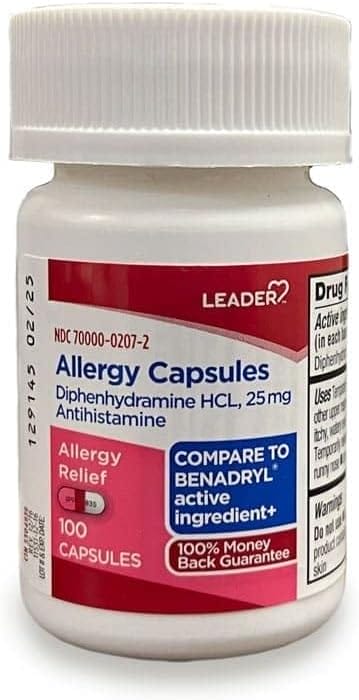 Leader Allergy Relief Antihistamine Diphenhydramine HCI 25 mg, Relieves, Symptoms Due to Hay Fever and Upper Respiratory Allergies, 100 Capsules Leader Allergy Relief Antihistamine Diphenhydramine HCI 25 mg, Relieves, Symptoms Due to Hay Fever and Upper Respiratory Allergies, 100 Capsules