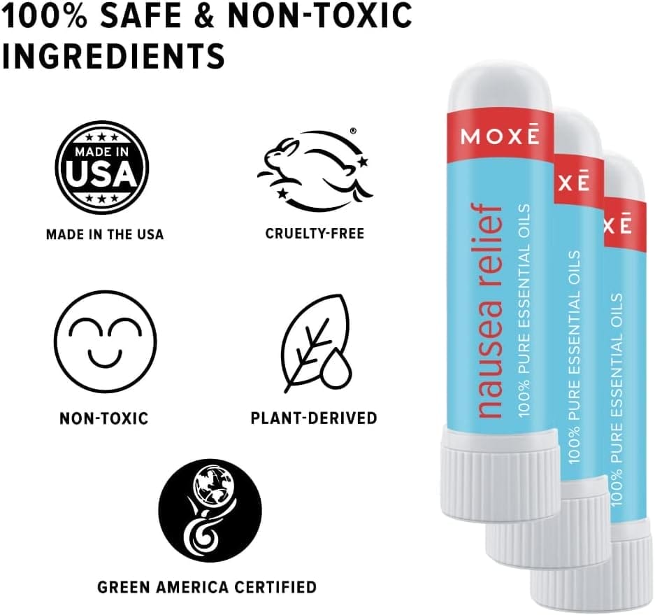 MOXE Nausea Relief Nasal Inhaler Sticks, All Natural Essential Oil Blend, Ginger, Cardamom, Peppermint, Sweet Orange, Upset Stomach, Headaches, Easy-to-Use Portable Aromatherapy, Made in USA, 3 Pack