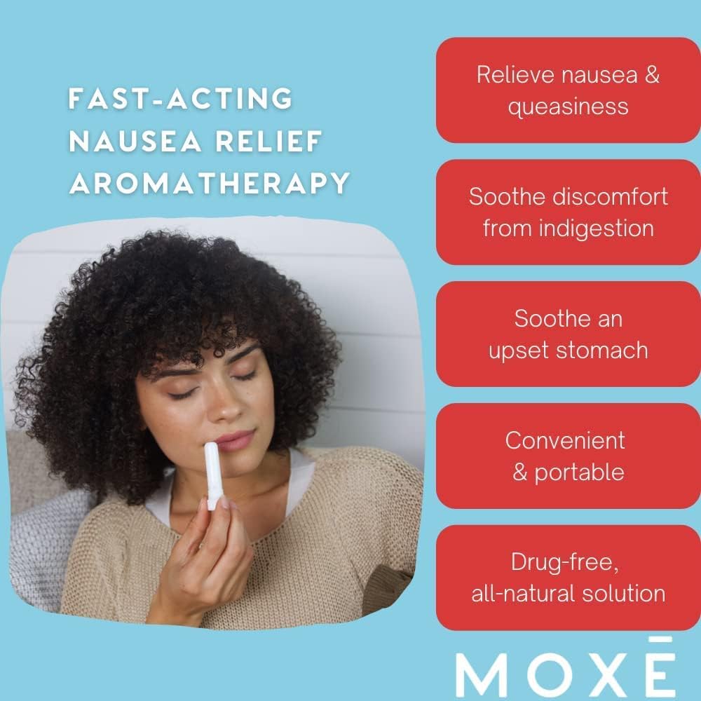 MOXE Nausea Relief Nasal Inhaler Sticks, All Natural Essential Oil Blend, Ginger, Cardamom, Peppermint, Sweet Orange, Upset Stomach, Headaches, Easy-to-Use Portable Aromatherapy, Made in USA, 3 Pack