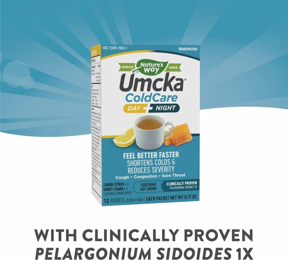 Natures Way Umcka ColdCare Day+Night Homeopathic, Shortens Colds, Sore Throat, Cough, and Congestion, Phenylephrine Free, Lemon Honey Flavors, 12 Packets Hot Drink Mixes Natures Way Umcka ColdCare Day+Night Homeopathic, Shortens Colds, Sore Throat, Cough, and Congestion, Phenylephrine Free, Lemon Honey Flavors, 12 Packets Hot Drink Mixes