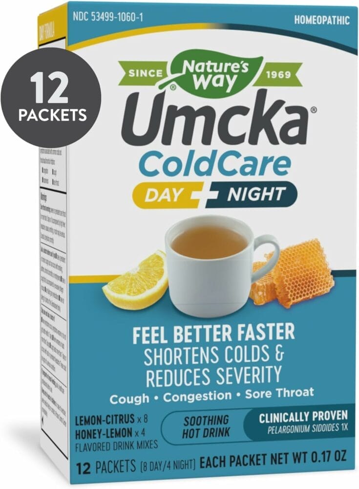 Natures Way Umcka ColdCare Day+Night Homeopathic, Shortens Colds, Sore Throat, Cough, and Congestion, Phenylephrine Free, Lemon Honey Flavors, 12 Packets Hot Drink Mixes Natures Way Umcka ColdCare Day+Night Homeopathic, Shortens Colds, Sore Throat, Cough, and Congestion, Phenylephrine Free, Lemon Honey Flavors, 12 Packets Hot Drink Mixes