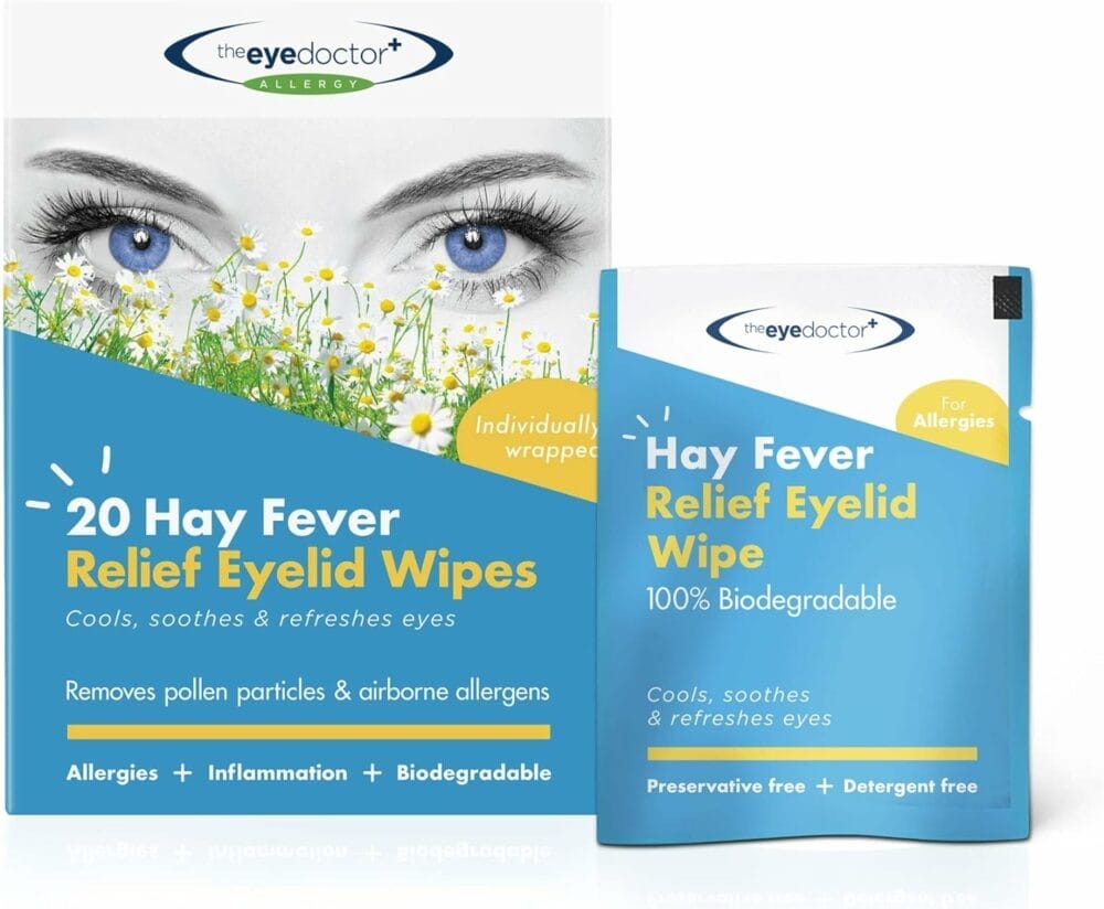 The Eye Doctor Hay Fever Relief Eyelid Wipes - 40x Single Use Eye Wipes for Allergy Hayfever - Inflammation, Watery Itchy Eyes, Headaches Migraines - Cooling Soothing Relief The Eye Doctor Hay Fever Relief Eyelid Wipes - 40x Single Use Eye Wipes for Allergy Hayfever - Inflammation, Watery Itchy Eyes, Headaches Migraines - Cooling Soothing Relief